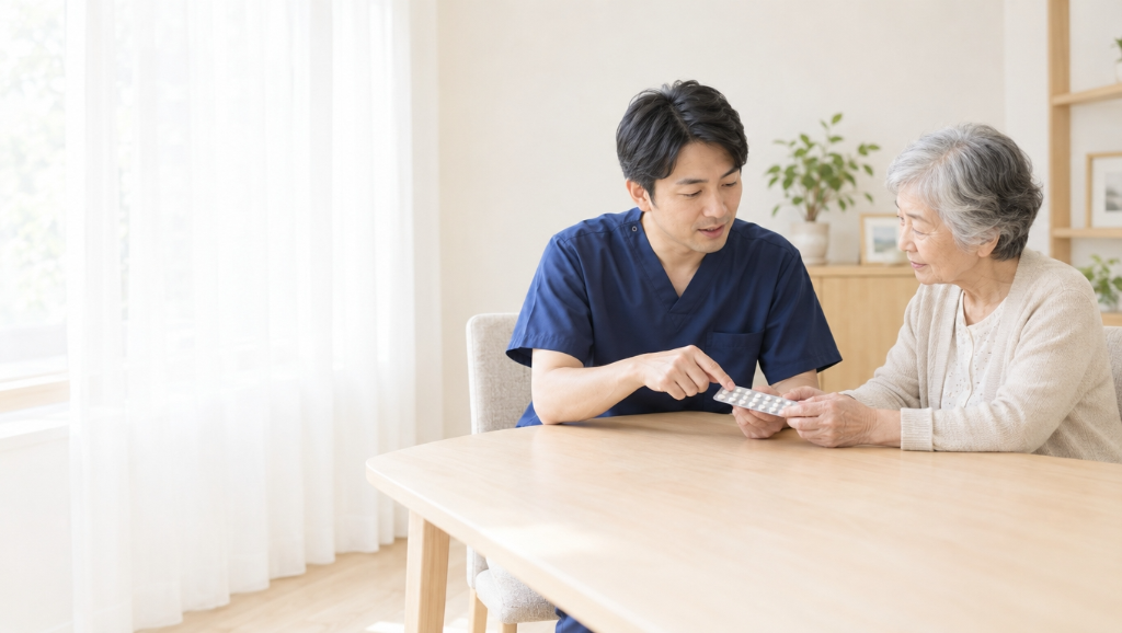 紺色のスクラブを着た薬剤師が、ご自宅のテーブルで患者さんとお薬を確認する在宅訪問の風景