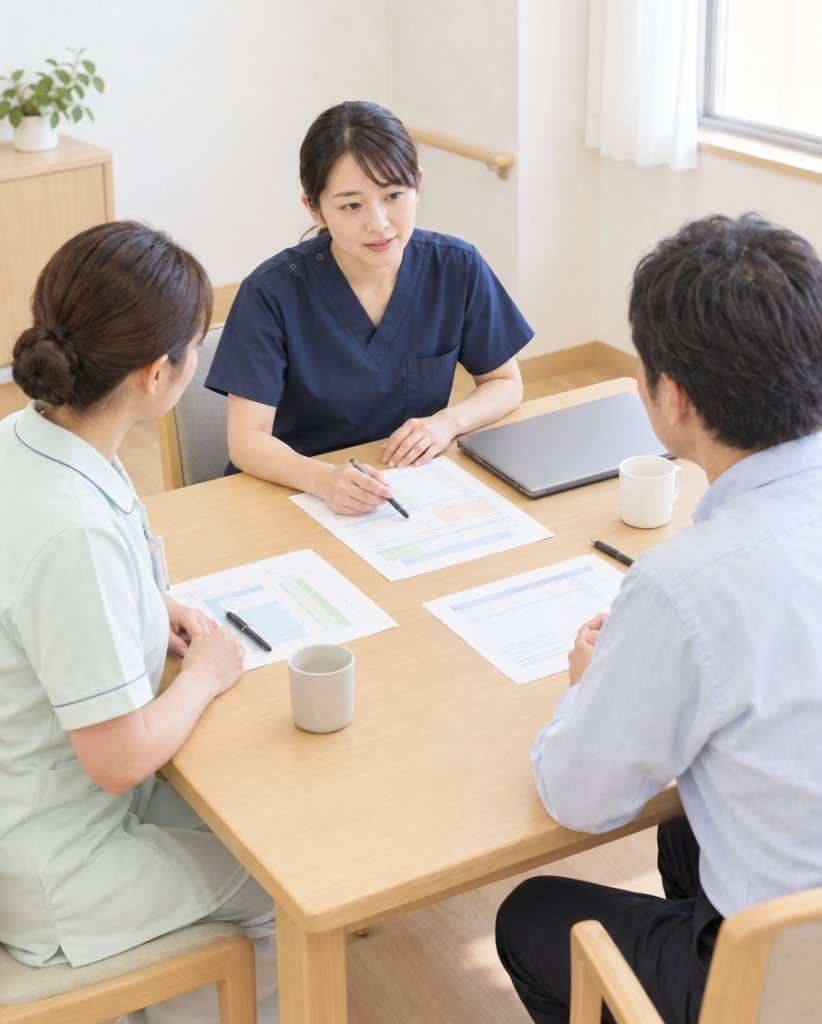紺色のスクラブを着た薬剤師が、医療・介護の担当者とテーブルの資料を確認しながら情報を共有する場面